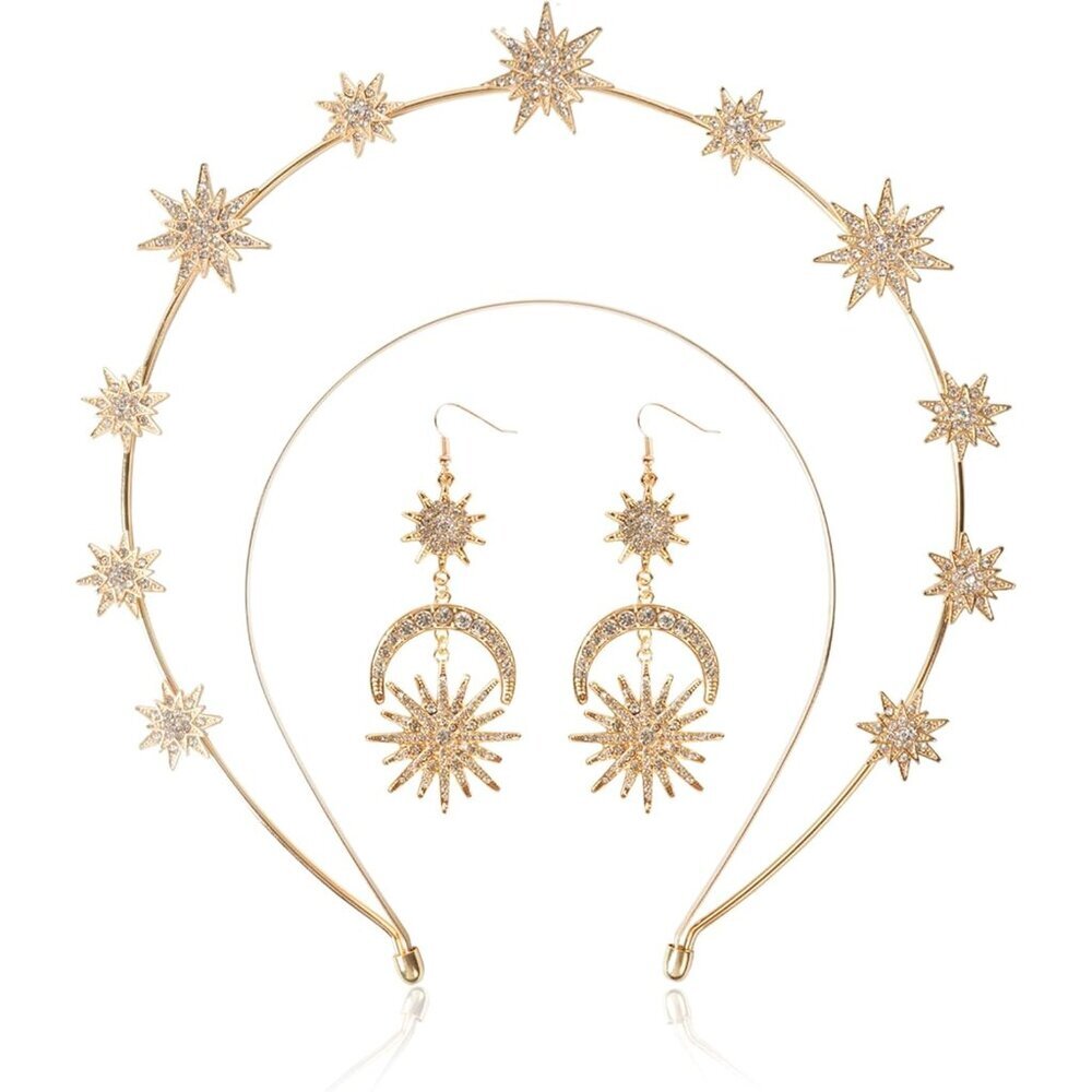 Bohemian Halo Crown Set with Crystal Earrings - Perfect for Cosplay & Events